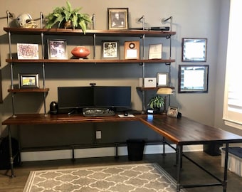 L shaped online desk shelves