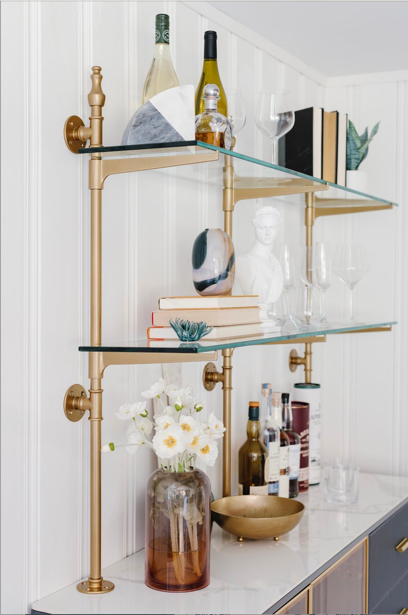 French Bistro Cantilever Brass Shelves for Bar or Kitchen Counter to Wall Custom image 2