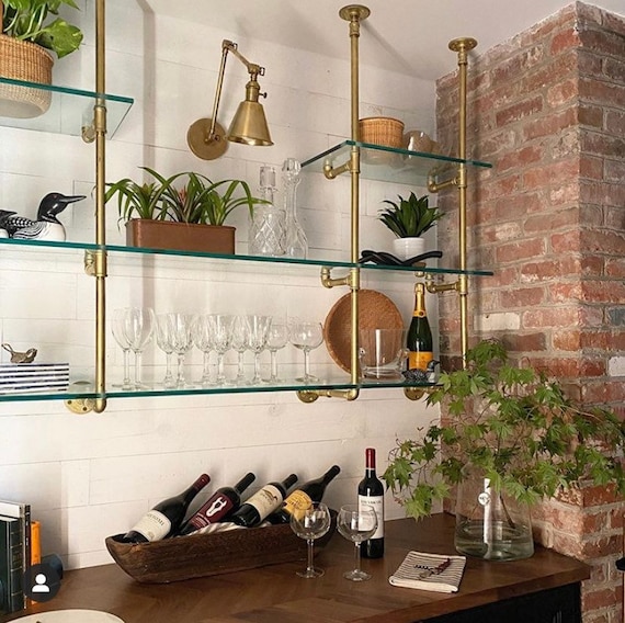 French Bistro Glass and Brass Bar Shelves custom 