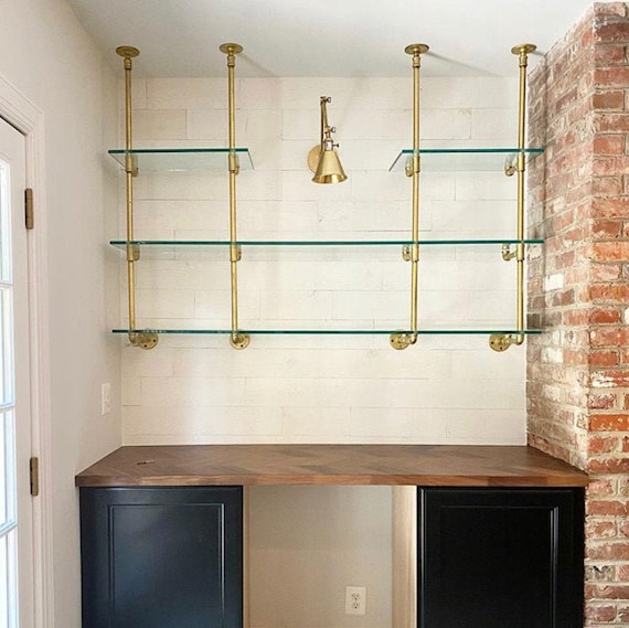 French Bistro Glass and Brass Bar Shelves custom 