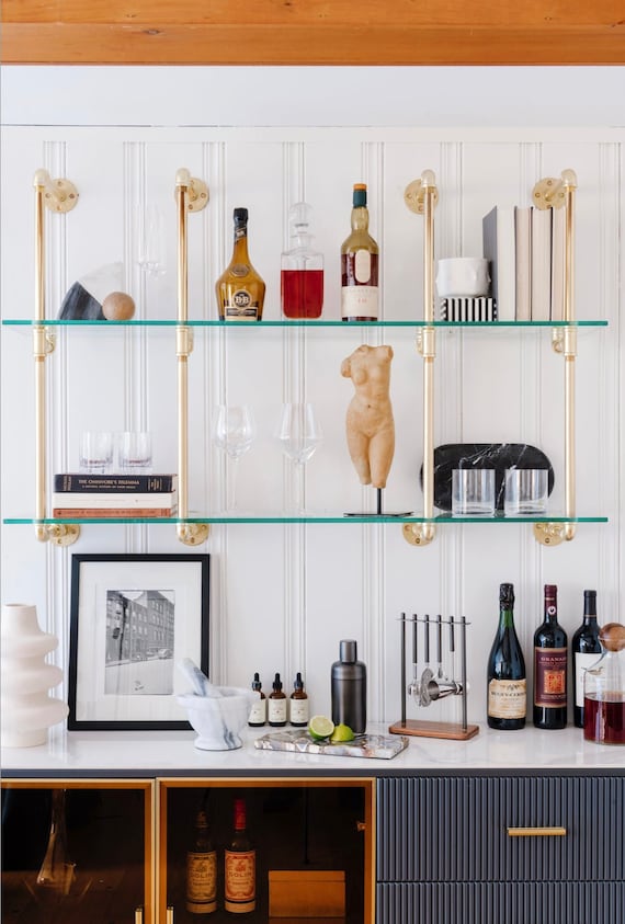 French Bistro Glass and Brass Bar Shelves custom 