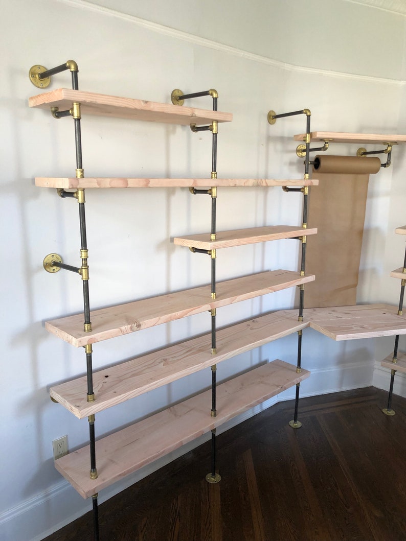 Black Pipe Shelving with Brass Accents Etsy