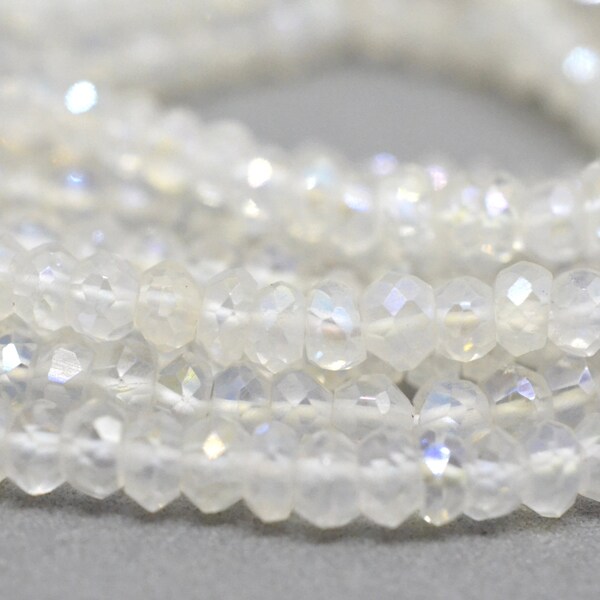 Mystic Moonstone Rondelles Faceted Moonstone 4mm Full Strand White Mystic Sparkle Semiprecious Rondelles CB