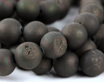 Druzy Beads, Round Druzy, 8.5mm Ball Beads, Quarter or Half  Strand, Uncoated, Dark Brown, Natural Gemstone Beads KJ