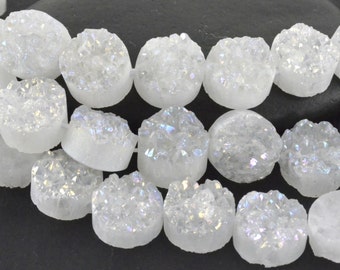 Weiße Druzy Quarz Perlen, 1, 2 oder 4, 14mm Metallic Edelstein Titan Druzy, Runde Perlen, Münzperlen, Flachrücken Edelsteine KJ