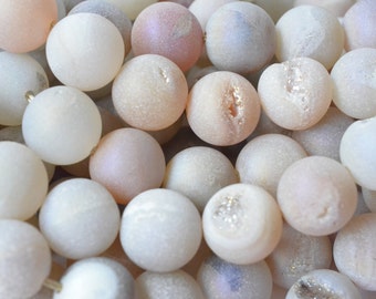 Peach and Grey Druzy Beads, Round Druzy, 12.5mm Ball Beads, Half Strand, Matte, Grey, Peach, Rust Gemstone Beads CB