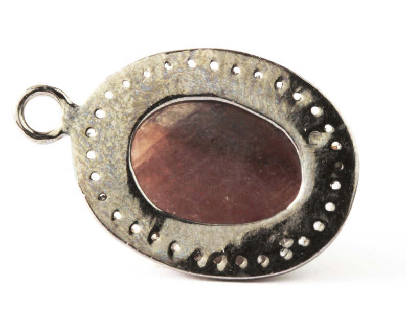 KJ Dark Rose Fancy Faceted wSterling Silver White Topaz Wraps Around The Sapphire Single Bail Oval Briolette Sapphire Pendant