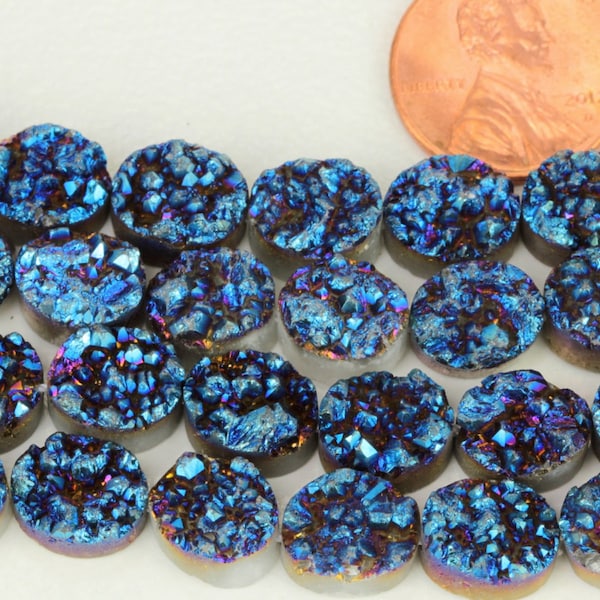 Blue Druzy Quartz Beads, Your Choice of 2 or 4, 8.2mm  x 10mm Metallic Titanium Blue, Petite Oval Flatback Beads, Druzy Agate, Beads KJ