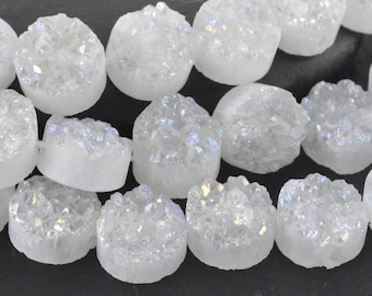 Weiße Druzy Quarz Perlen, 2er oder 4er Set, 12mm Metallic Edelstein Titan Druzy, Runde Perlen, Münzperlen, Kreis, Flachrücken Edelsteine CB