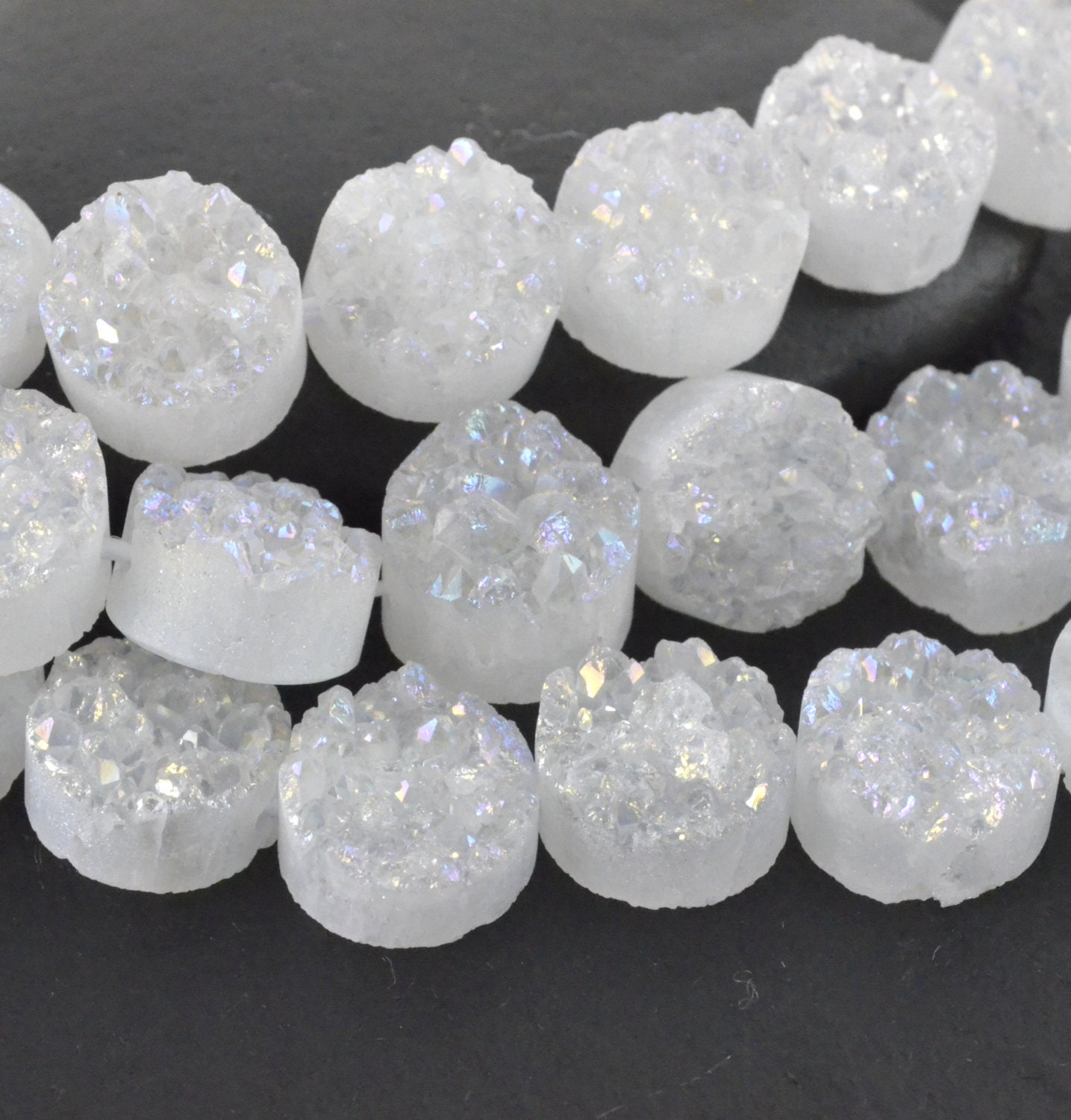 White Druzy Quartz Beads, Set of 2 or 4, 10mm Metallic Gemstone Titan…