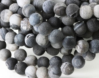 Druzy Beads, Round Druzy, 8.5mm Ball Beads, Quarter, Half or Full Strand, Uncoated, Charcoal/w light Grey, Natural Gemstone Beads KJ