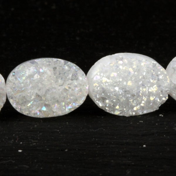 White Druzy Quartz Beads, One, Pair or 4 stones, 15mm x 20mm Metallic Titanium White ,  Oval Flatback Beads, Druzy Agate, Druzy, Beads KJ
