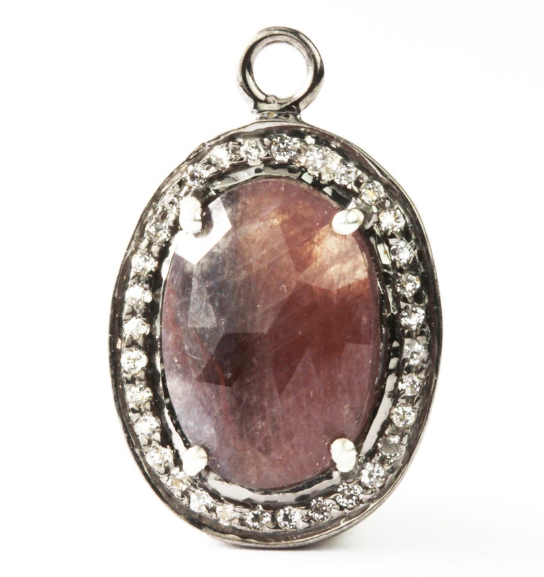 KJ Dark Rose Fancy Faceted wSterling Silver White Topaz Wraps Around The Sapphire Single Bail Oval Briolette Sapphire Pendant