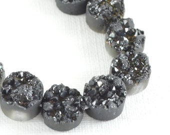 Druzy Quartz Beads, Your Choice of 2 or 4, 12.5mm Metallic Black Dark Choarcoal Druzy Coin Beads, Petite Round Flatback Beads Druzy Agate,CB