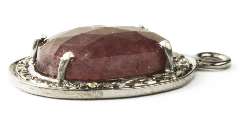 KJ Dark Rose Fancy Faceted wSterling Silver White Topaz Wraps Around The Sapphire Single Bail Oval Briolette Sapphire Pendant