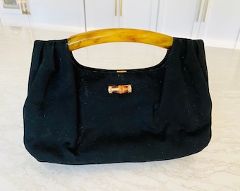 1940’s Koret Black Wool Purse with Bamboo and Lucite Like Handle