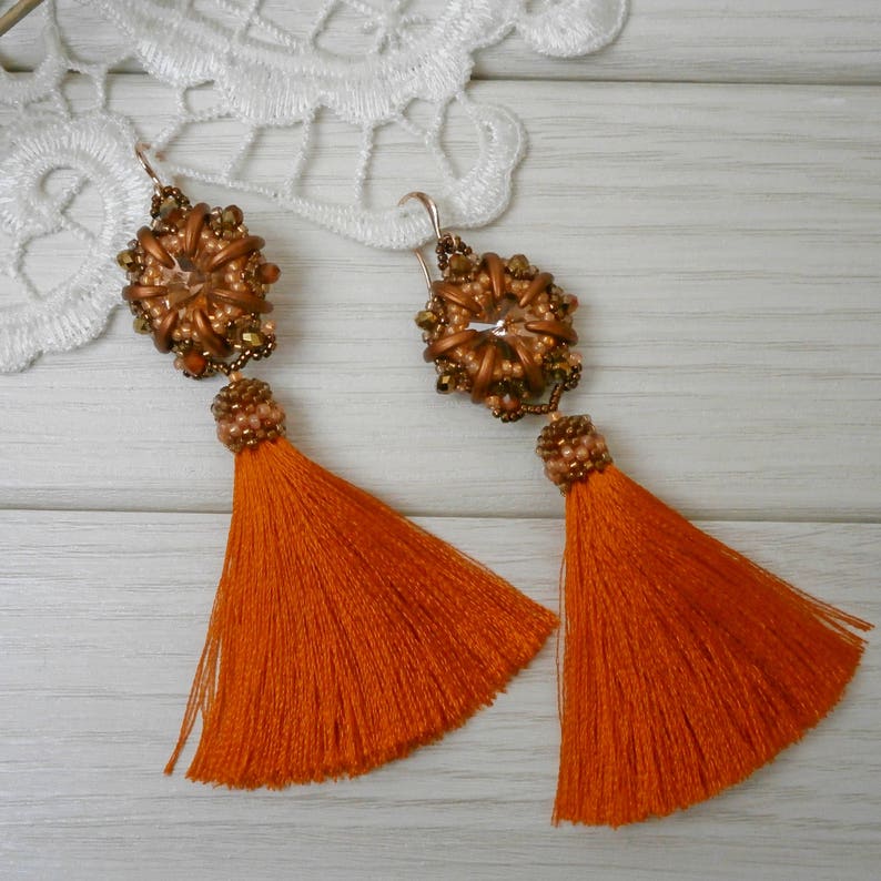 long statement earrings fringe boho earring Exclusive handmade summer jewelry birthday gift Bright orange tassel earrings