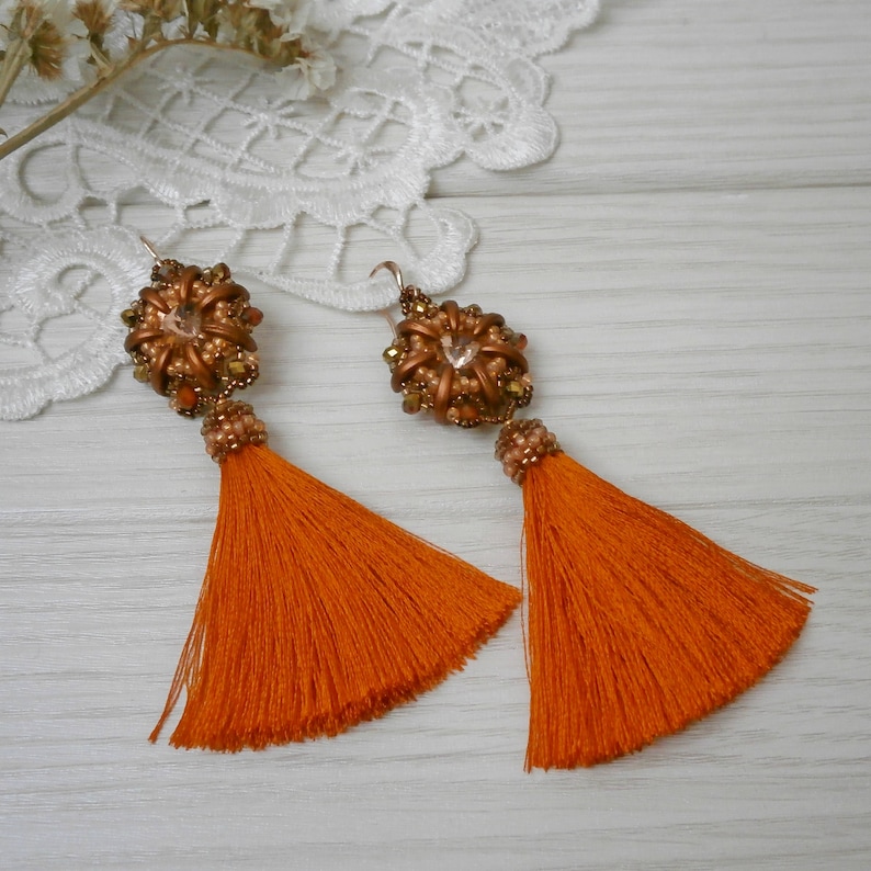 long statement earrings fringe boho earring Exclusive handmade summer jewelry birthday gift Bright orange tassel earrings