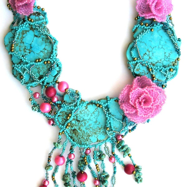 Necklace turquoise, Flower Beaded, beadwork, exclusive handmade bib necklace 2015, cyan, hot pink, deeppink, jewelry, beadwoven