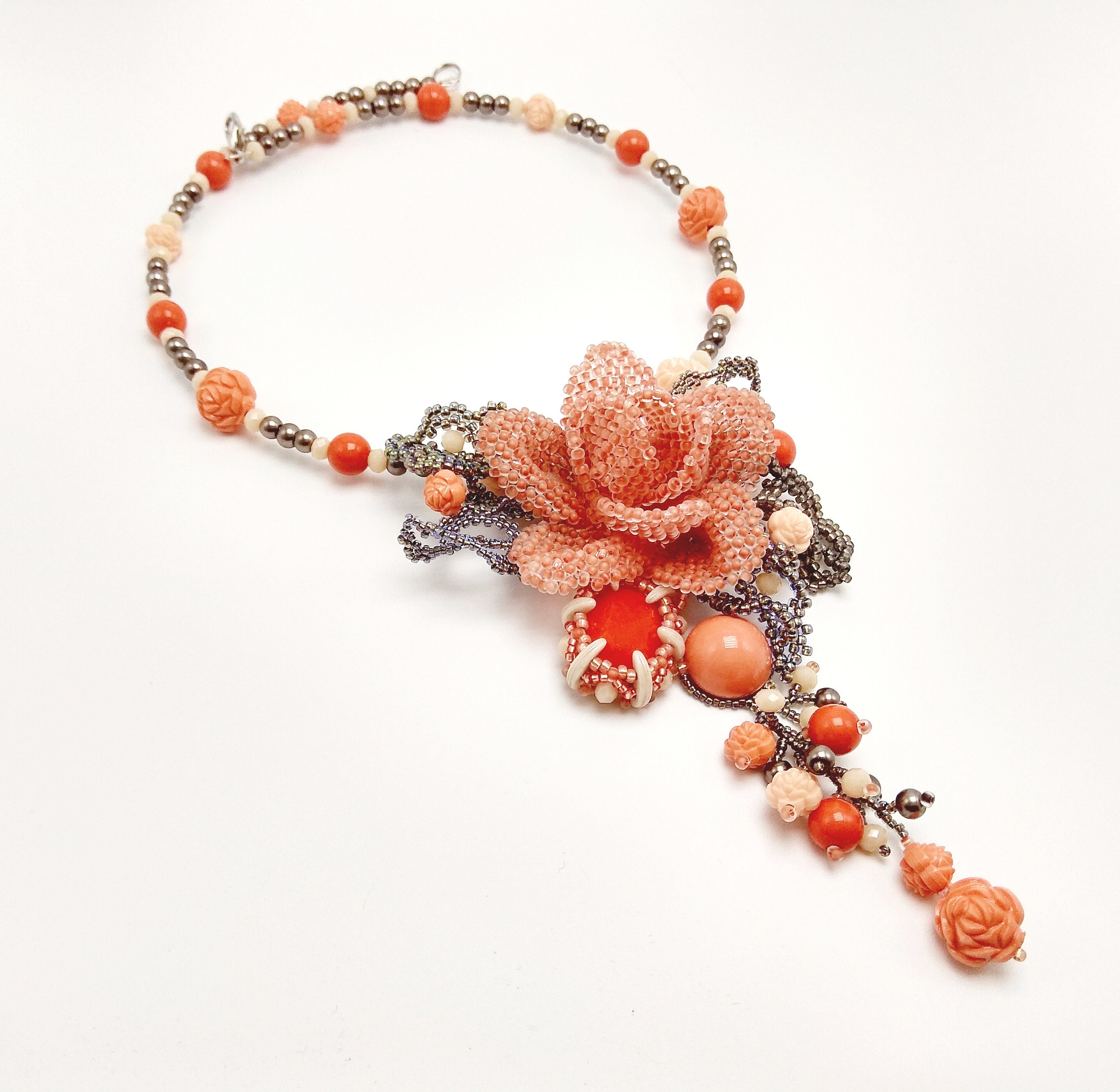 Coral rose necklace beaded flower pendant statement Etsy