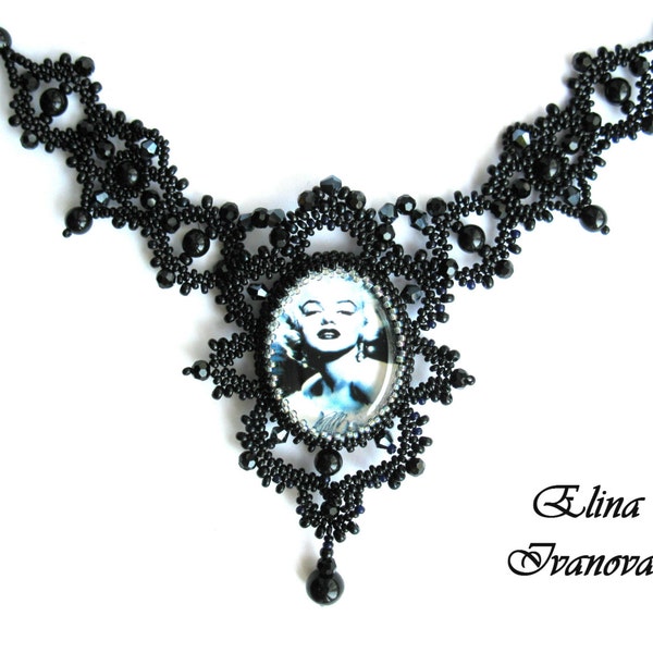 Beaded necklace Marilyn Monroe, lace,evening fashion 2015, exclusive handmade bib necklace, jewelry, gift for women, black, grey