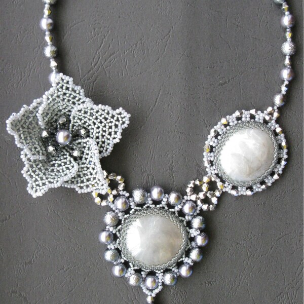 Beaded Flower necklace "Grey Passion", fashion summer 2017, exclusive handmade bib necklace, jewelry with gemstone and pearl glass, grey