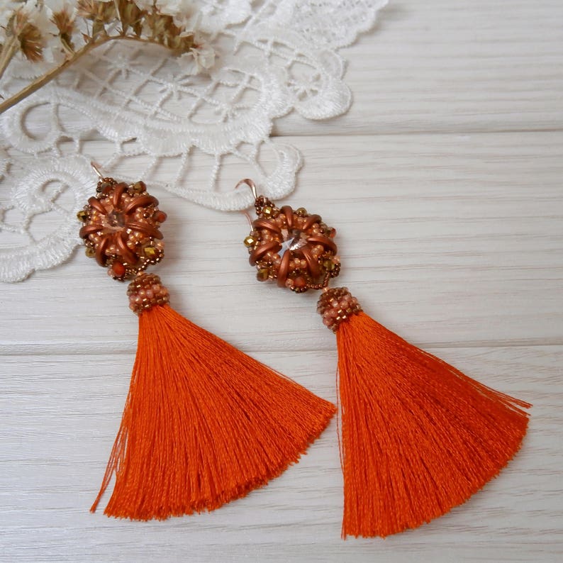 long statement earrings fringe boho earring Exclusive handmade summer jewelry birthday gift Bright orange tassel earrings