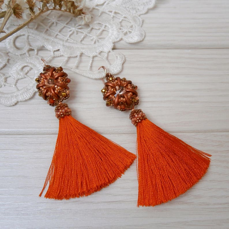 long statement earrings fringe boho earring Exclusive handmade summer jewelry birthday gift Bright orange tassel earrings