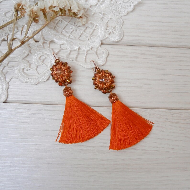 long statement earrings fringe boho earring Exclusive handmade summer jewelry birthday gift Bright orange tassel earrings