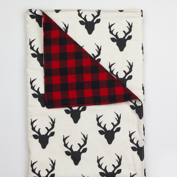 Baby blanket - Deer - buffalo plaid - minky - black - white - red - soft - cuddle - modern - handmade - unique - play mat