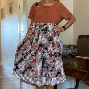 UpCycled XL Boho Patchwork Dress Rayon Stretchy Empire Skirt Cotton Details