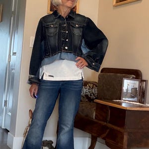 UpCycled Denim Jacket: Mixed Denim, Bell Sleeves, Raw Edges, Metal Buttons (M/L)