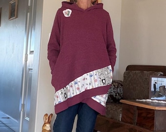UpCycled Plum Hoodie: Stretchy, Cats, Hearts, Side Pockets, Thumb Slits, Denim, Large, Patchwork