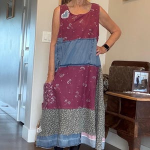 Upcycled Cotton Linen Denim Tank Upper: Shabby Chic Patchwork Skirt Buttons, Size 2X