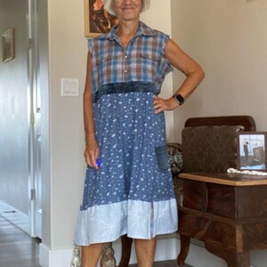 Upcycled Plaid & Print Boho Dress: Raw Sleeveless Style, Denim Pocket (Up to 1X)