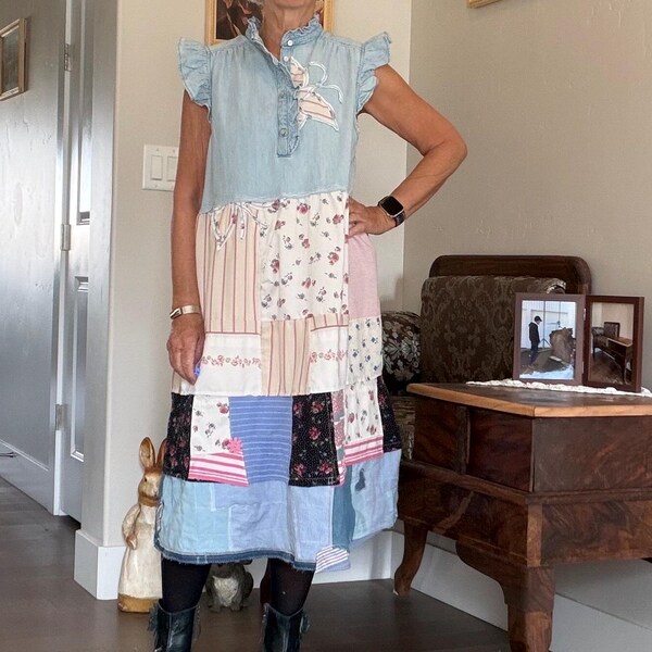 Upcycled Patchwork Long Dress: Denim Upper, Raw Stitching, Butterflies, Boho Style XL