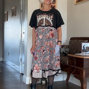Upcycled Boho Dress, XL Black Tee Upper, Rayon Patchwork Skirt Up to XL