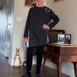 UpCycled Black Print Sweatshirt: Patchwork Inserts,  Hearts, Stretchy Tunic Sweatshirt, Bracelet Sleeves, 2X Plus