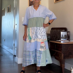 Robe patchwork recyclée : coton et lin, robe longue, taille empire, coutures brutes L/XL
