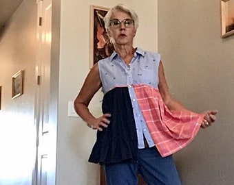 Patchwork Cotton UpCycled Dress FarmHouse Denim Styling Army Green and Grey SteamPunk Raw Rustic Boho XXL Women/'s Tunic ArtzWear