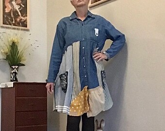 Patchwork Cotton UpCycled Dress FarmHouse Denim Styling Army Green and Grey SteamPunk Raw Rustic Boho XXL Women/'s Tunic ArtzWear