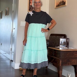 UpCycled Boho Dress, Stretchy Upper, Short Sleeves, Empire Waistline, Cotton Skirt, Lined,  Size L