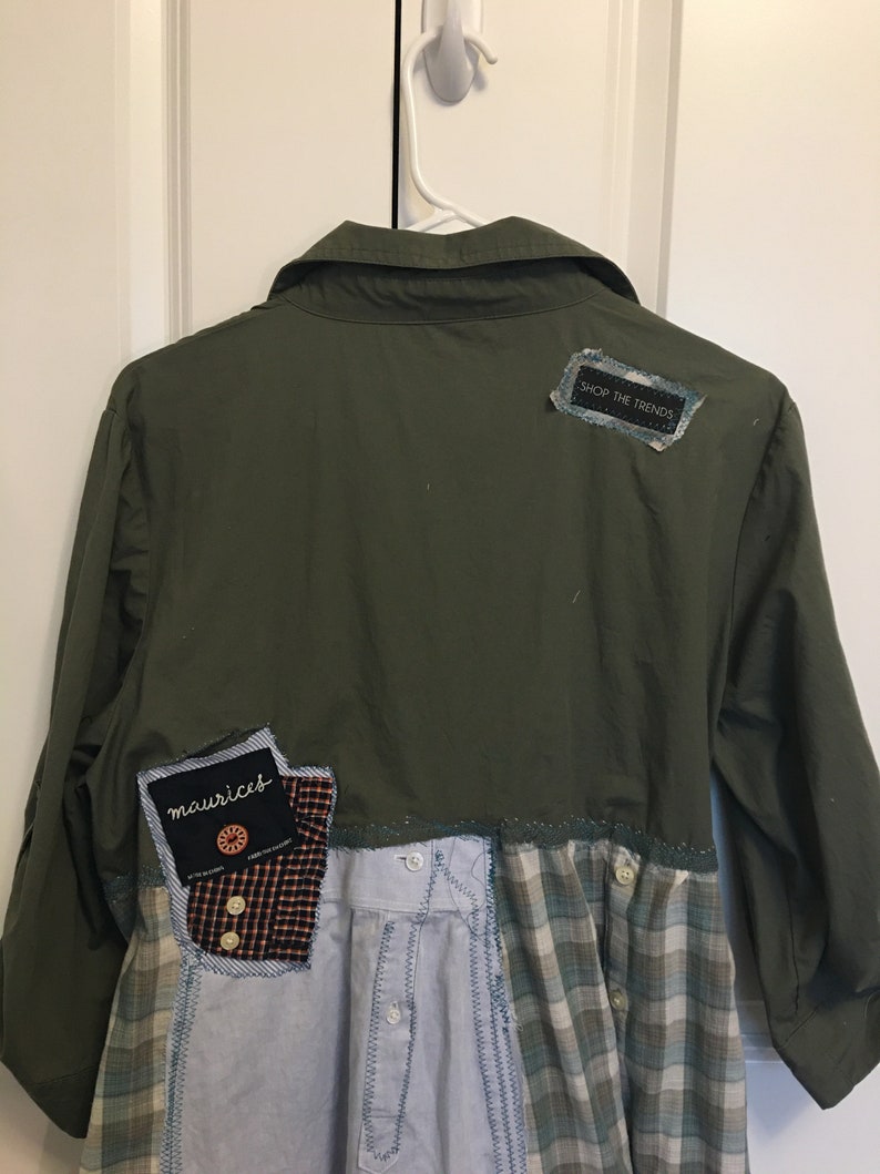Patchwork Cotton UpCycled Dress FarmHouse Denim Styling Army Green and Grey SteamPunk Raw Rustic Boho XXL Women/'s Tunic ArtzWear