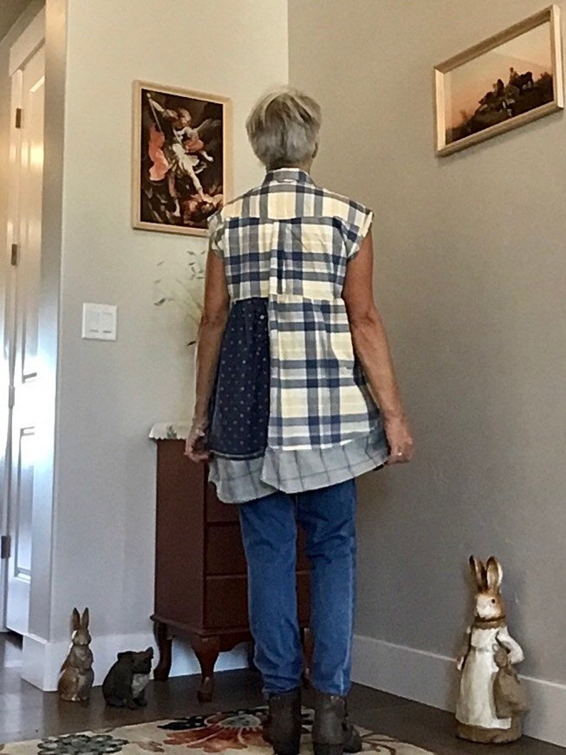 Boho Cotton Dress Vest Wearable Art UpCycled Large SteamPunk Top ShabbyChic Jeans Vest ArtzWear Women/'s Clothing Quirky Jean/'s CoverUP