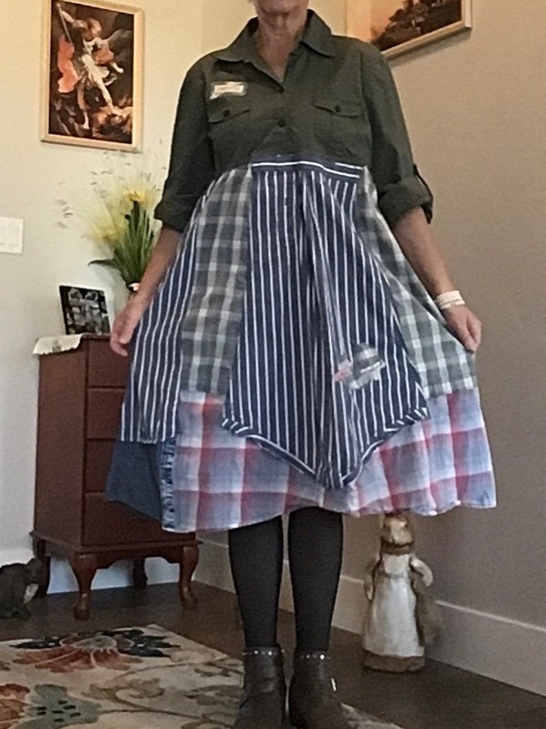 Patchwork Cotton UpCycled Dress FarmHouse Denim Styling Army Green and Grey SteamPunk Raw Rustic Boho XXL Women/'s Tunic ArtzWear