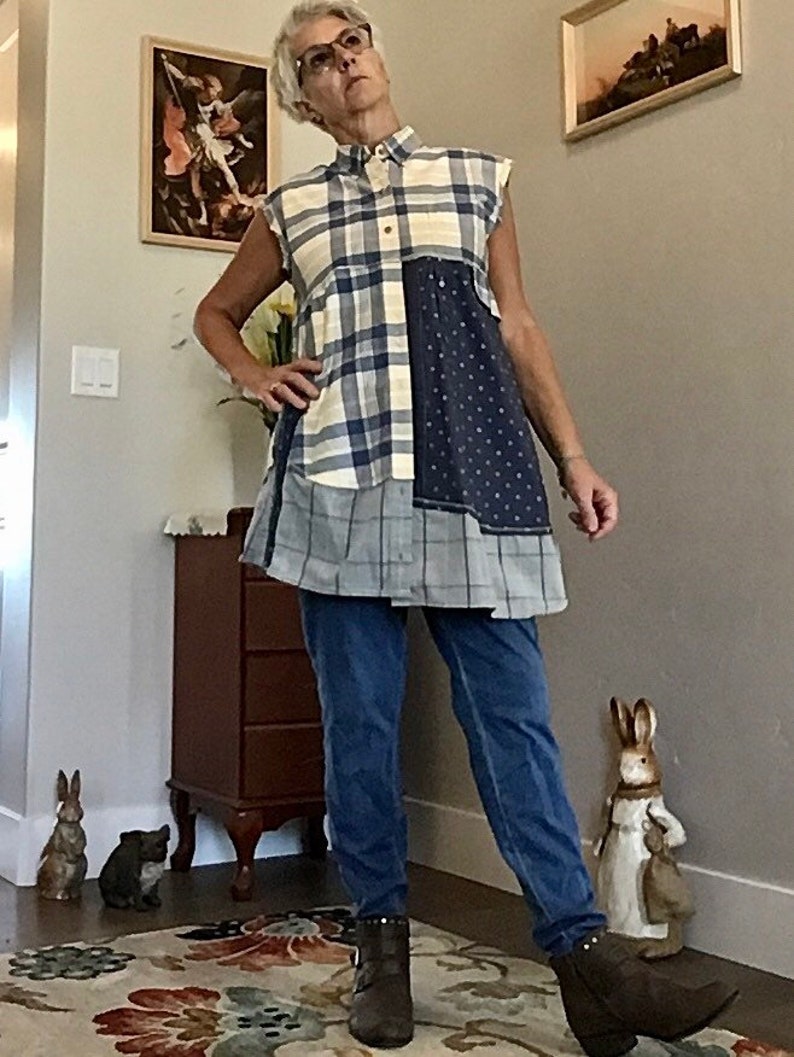Boho Cotton Dress Vest Wearable Art UpCycled Large SteamPunk Top ShabbyChic Jeans Vest ArtzWear Women/'s Clothing Quirky Jean/'s CoverUP