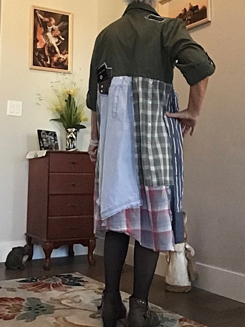 Patchwork Cotton UpCycled Dress FarmHouse Denim Styling Army Green and Grey SteamPunk Raw Rustic Boho XXL Women/'s Tunic ArtzWear