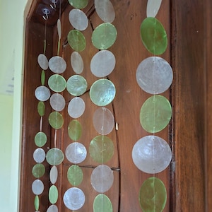 Puede incluir: Cuentas decorativas para puertas hechas de conchas translúcidas, redondas y ovaladas en tonos verdes y blancos. Las conchas están ensartadas y cuelgan en filas verticales contra una puerta de madera oscura. Las conchas son de varios tamaños.