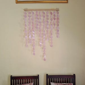 Capiz Shell Wall Hanging – Soft Purple Beach Decor, Dowel Wood Stick Base