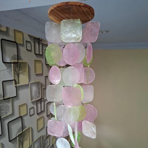 Wind chime bohemian soft green Colored Natural Capiz Seashell - wall decor shells - sounds relaxing